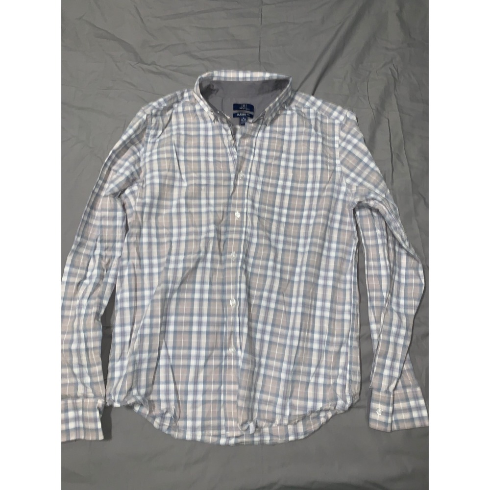 George Mens Classic Fit Plaid Long Sleeve Button Down Shirt Blue Grey White M